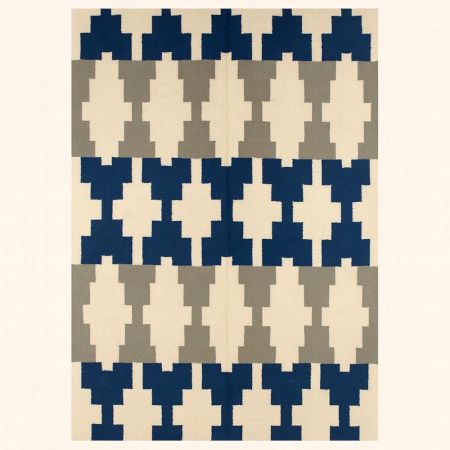 Handmade Blue And Gray Cotton Minimalist Dhurrie For Living